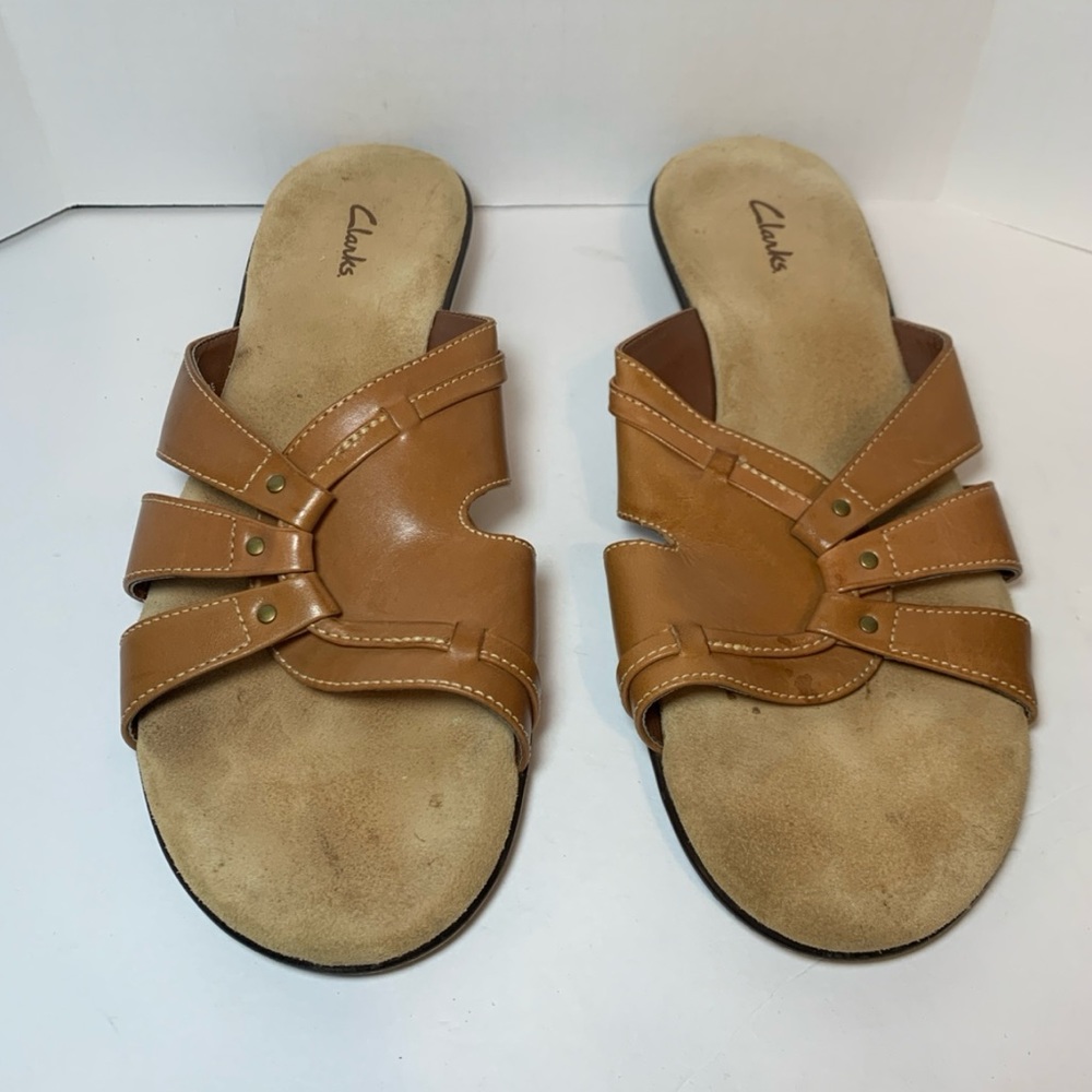 Clarks Women’s Macbeth Brown Leather Slip On Casual Sandals Slides Shoes Size 10